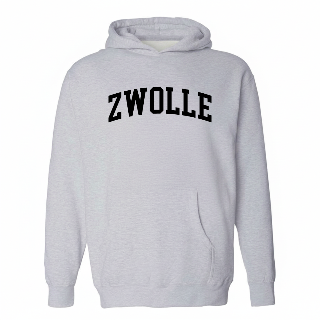 Heather-gray hoodie with the Zwolle arched varsity lettering design on the chest.