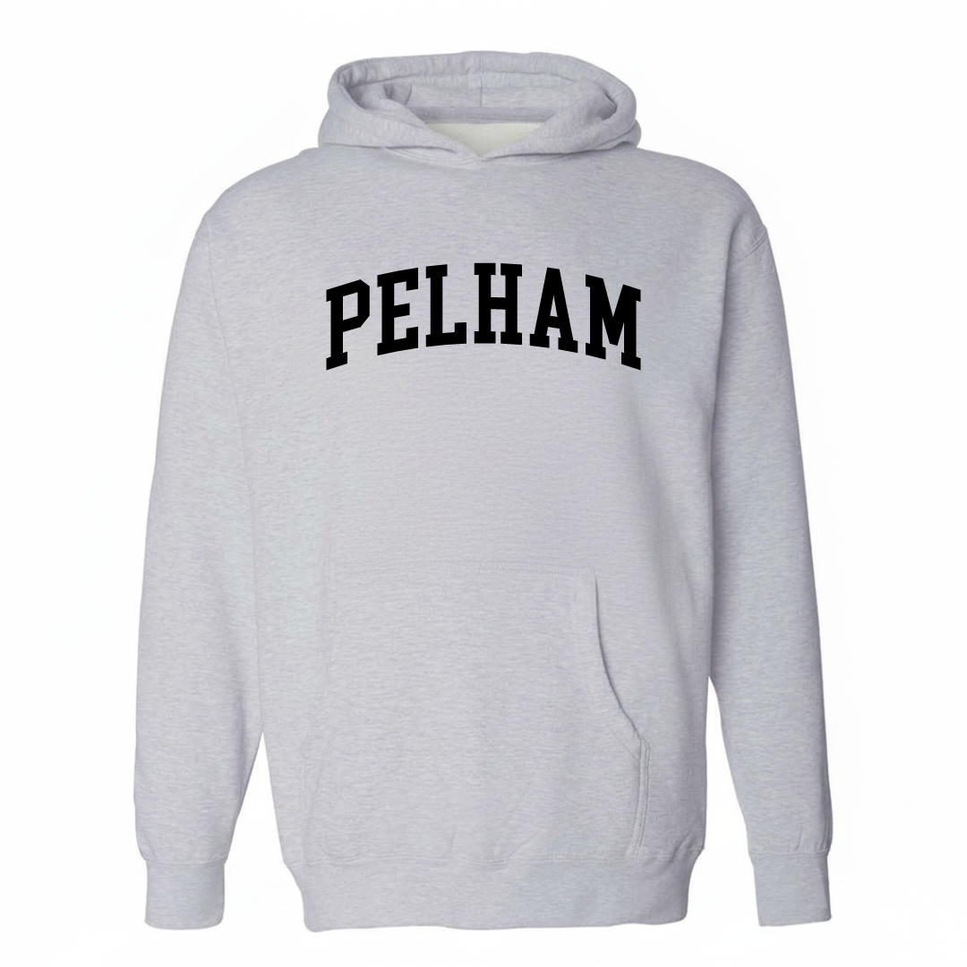 Heather-gray hoodie with the Pelham arched lettering varsity-collegiate design on the chest.
