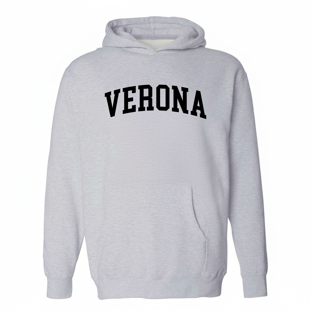 Heather-gray hoodie with the Verona varsity arched lettering design on the chest.
