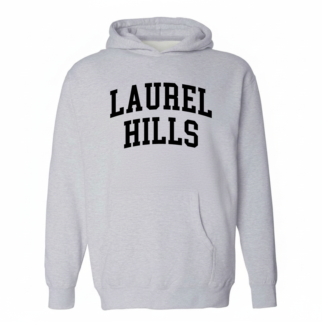Heather-gray hoodie with the Laurel Hills varsity arched lettering design on the chest.