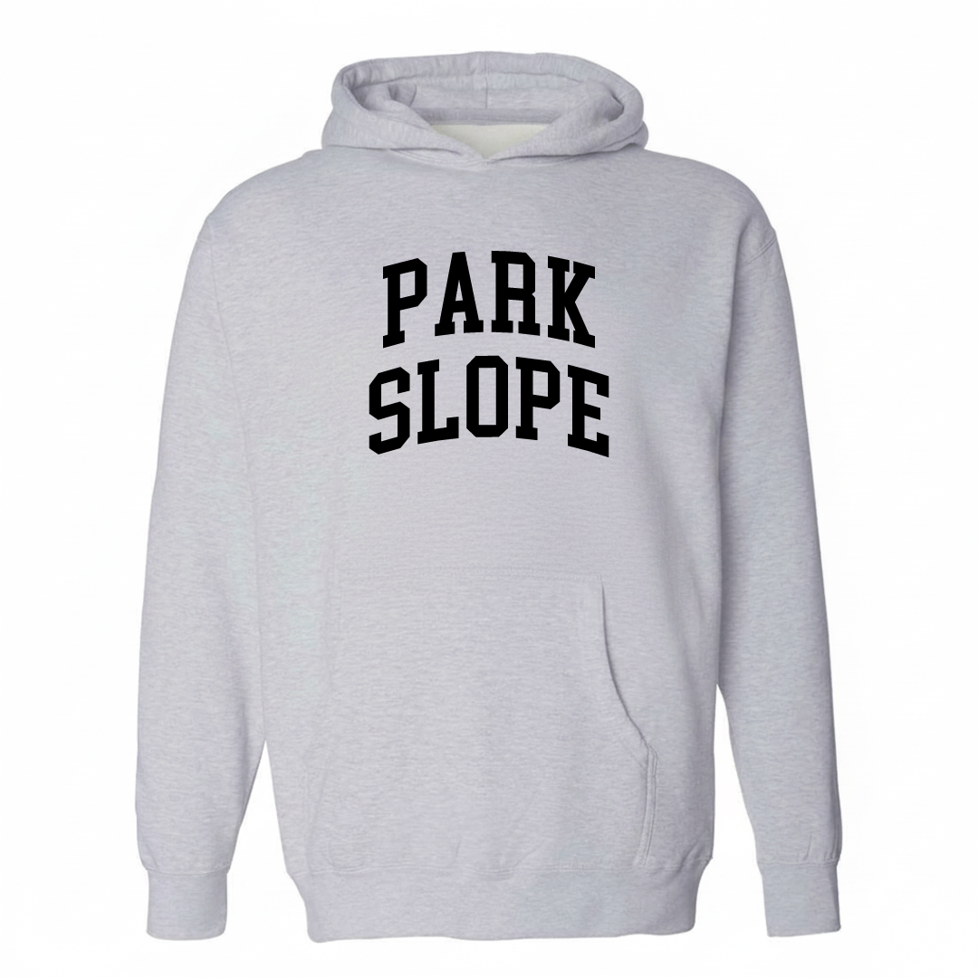 Heather-gray hoodie with the Park Slope arched lettering design on the chest.