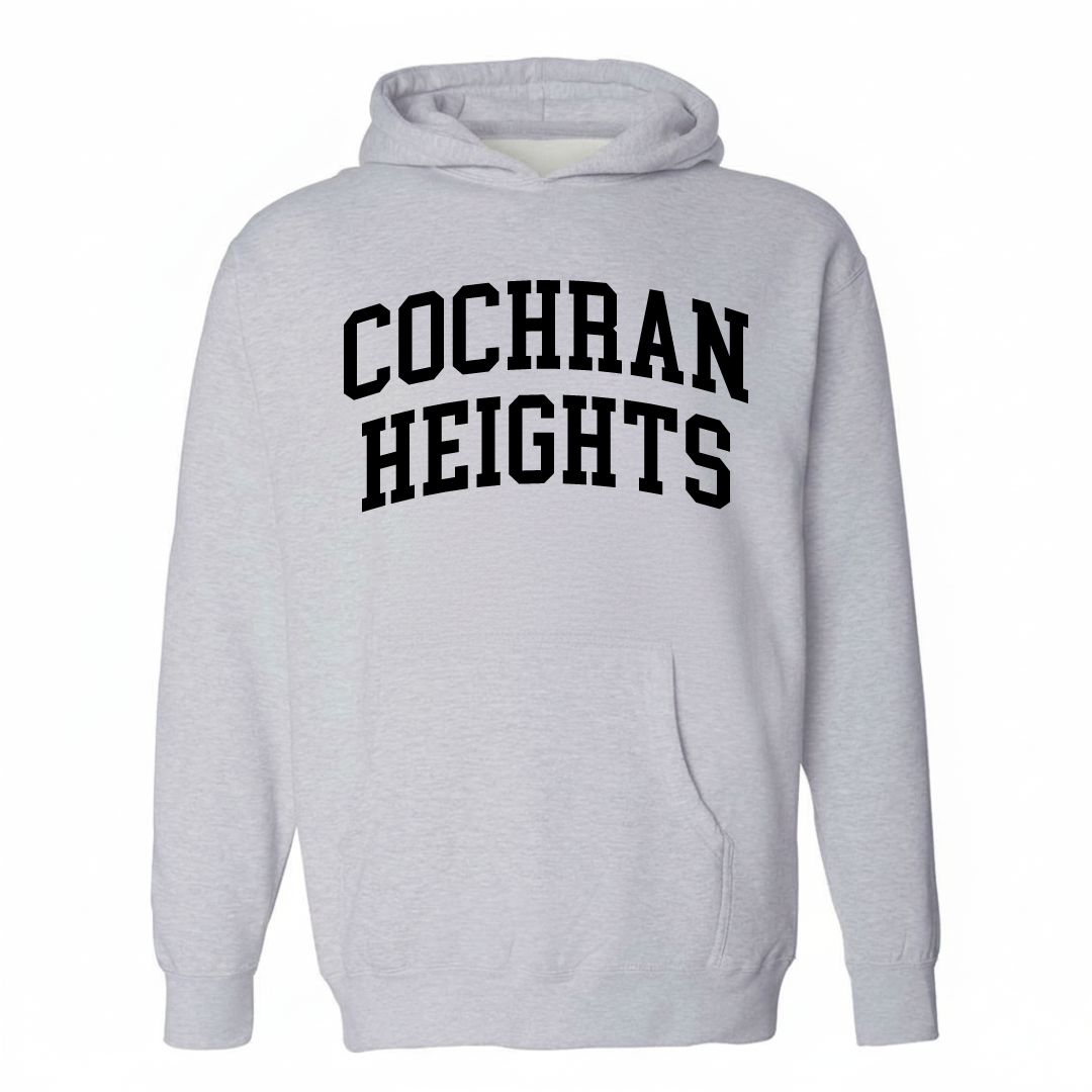 Heather-gray hoodie with the Cochran Heights varsity arched lettering design on the chest.