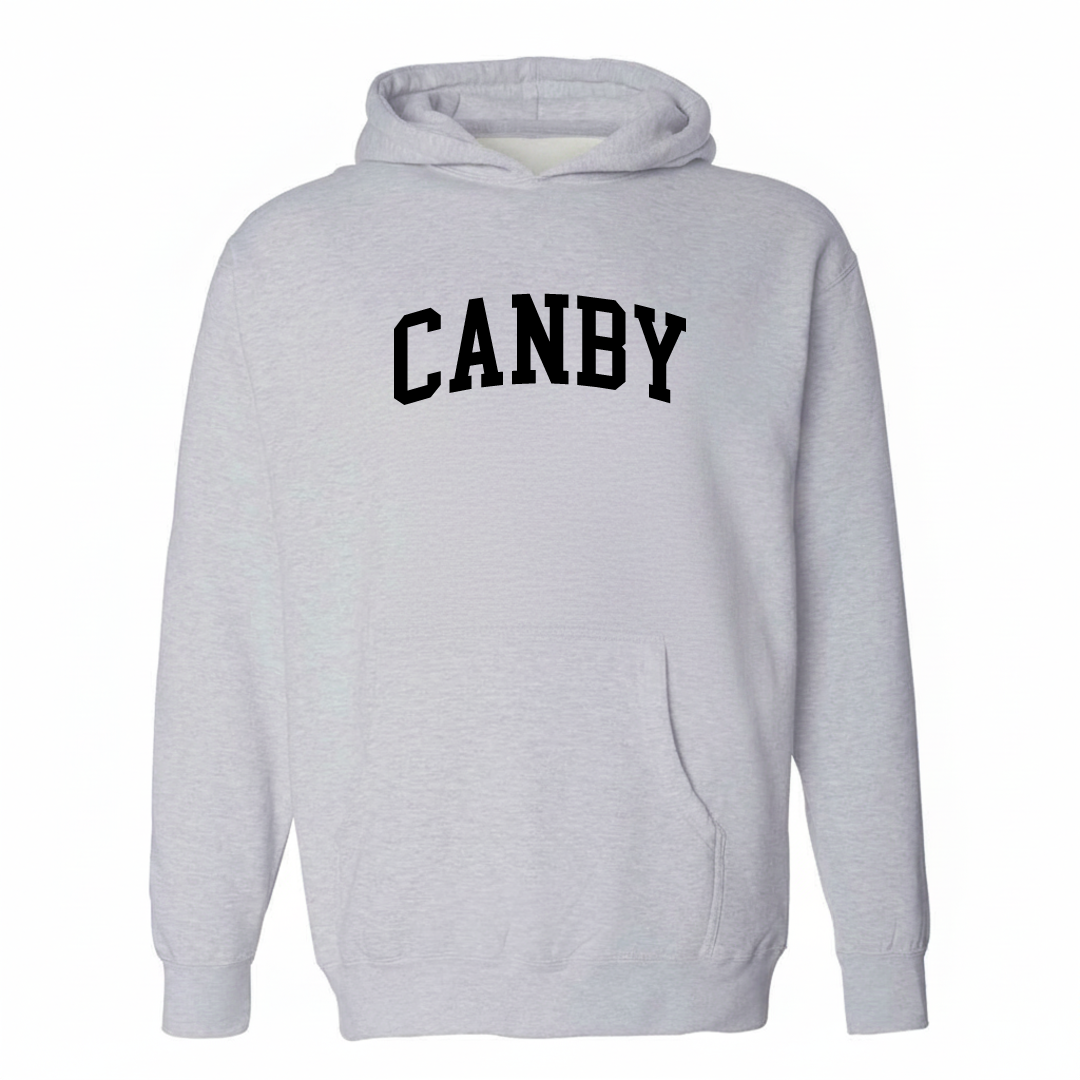 Heather-gray hoodie with the Canby varsity arched lettering design on the chest.
