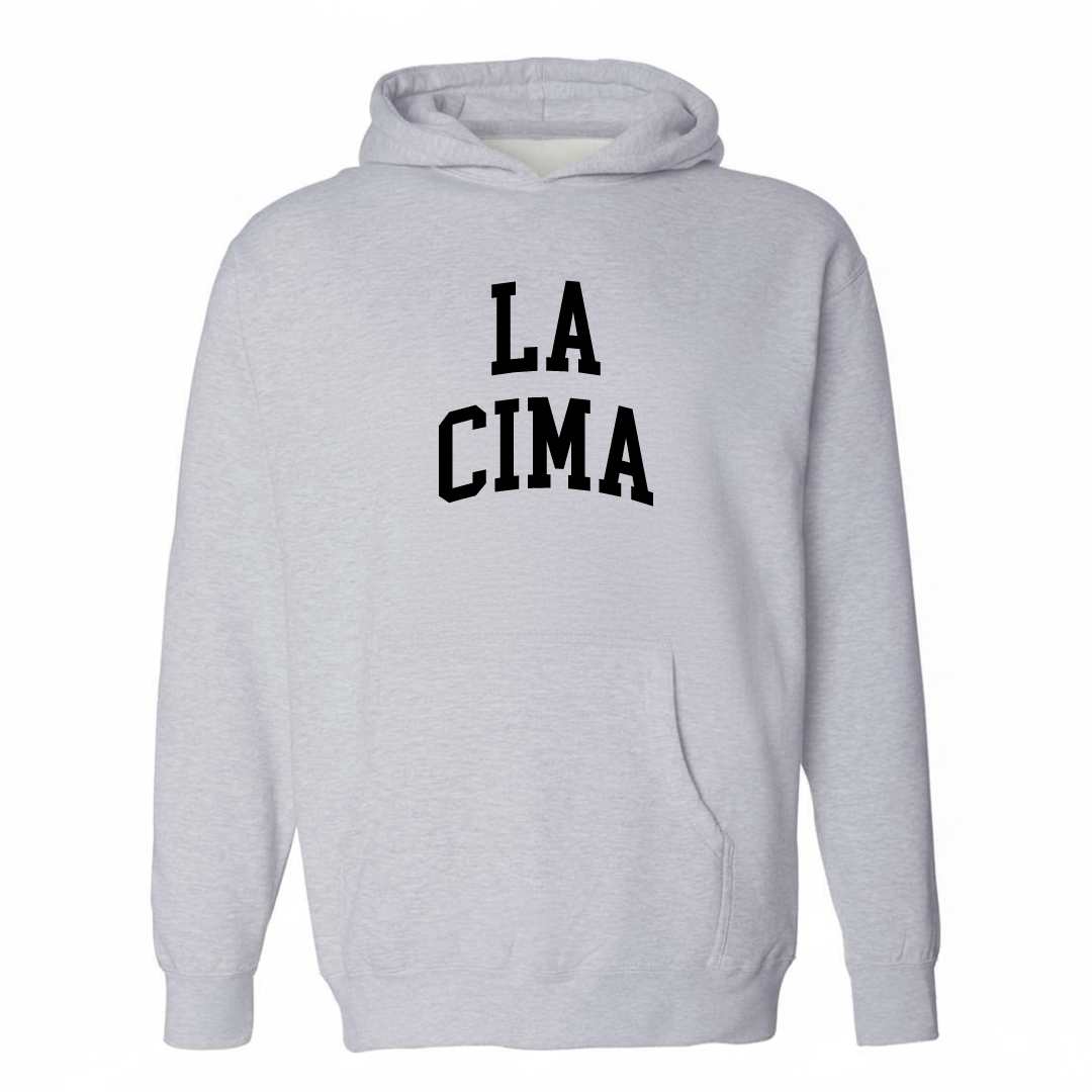 Heather-gray hoodie with the La Cima varsity arched lettering design on the chest.