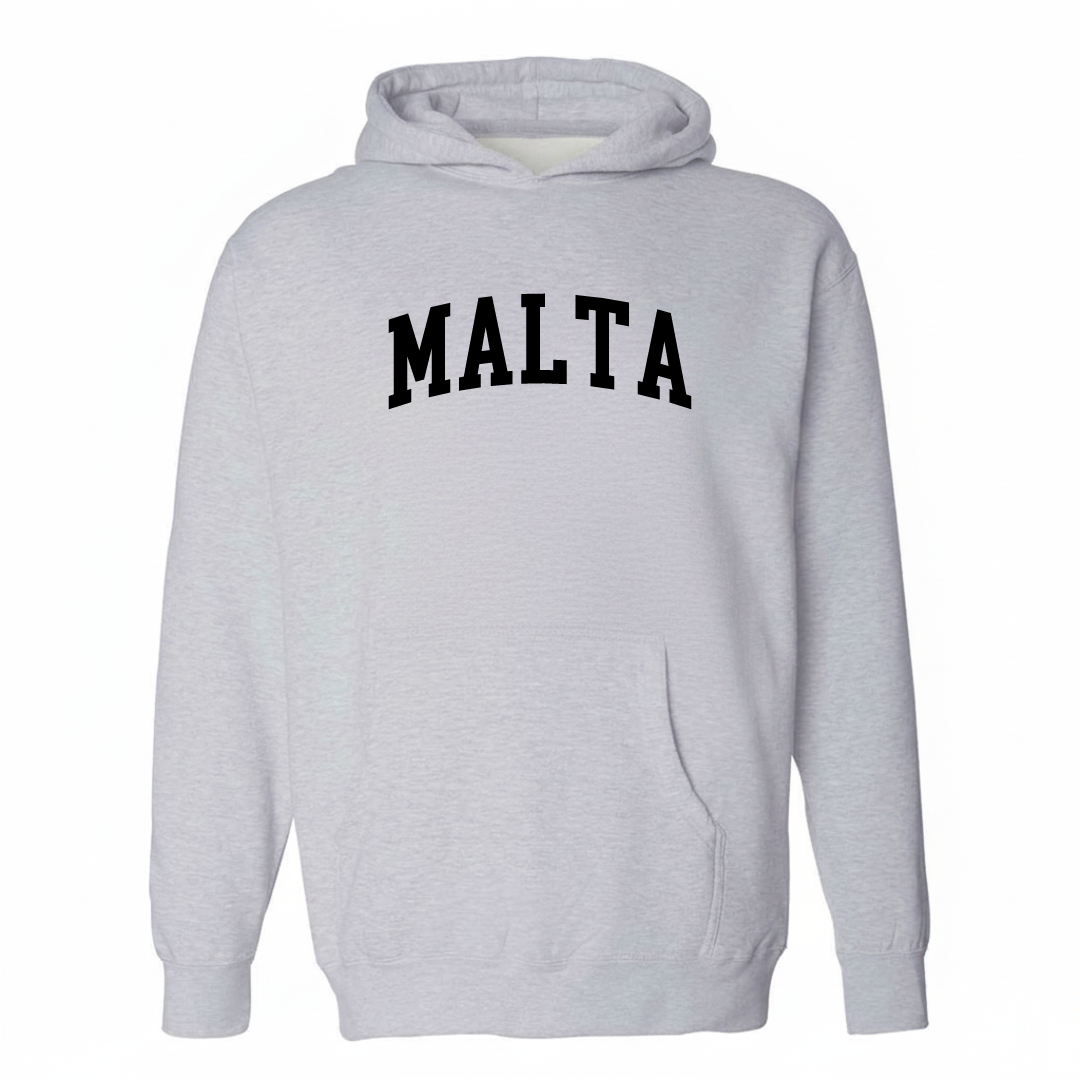 Heather-gray hoodie with the Malta varsity arched lettering design on the chest.