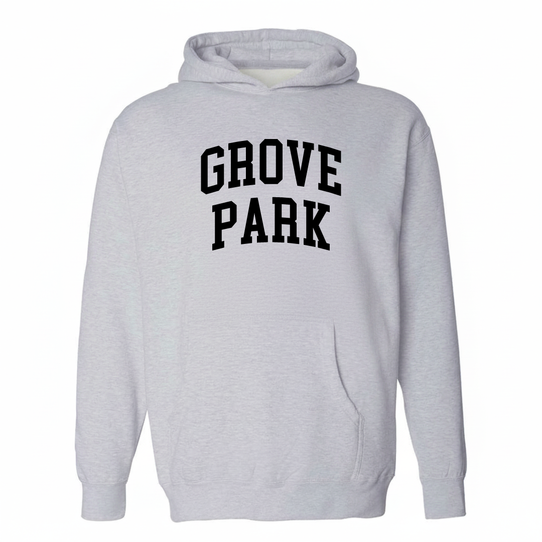 Heather-gray hoodie with the Grove Park arched lettering varsity design on the chest.