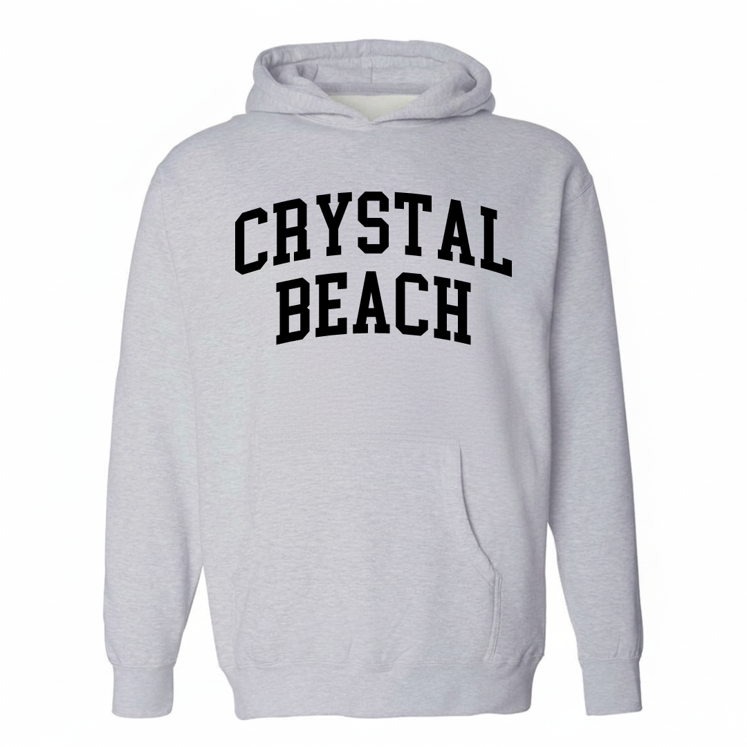 Heather-gray hoodie with the Crystal Beach arched varsity lettering design on the chest.