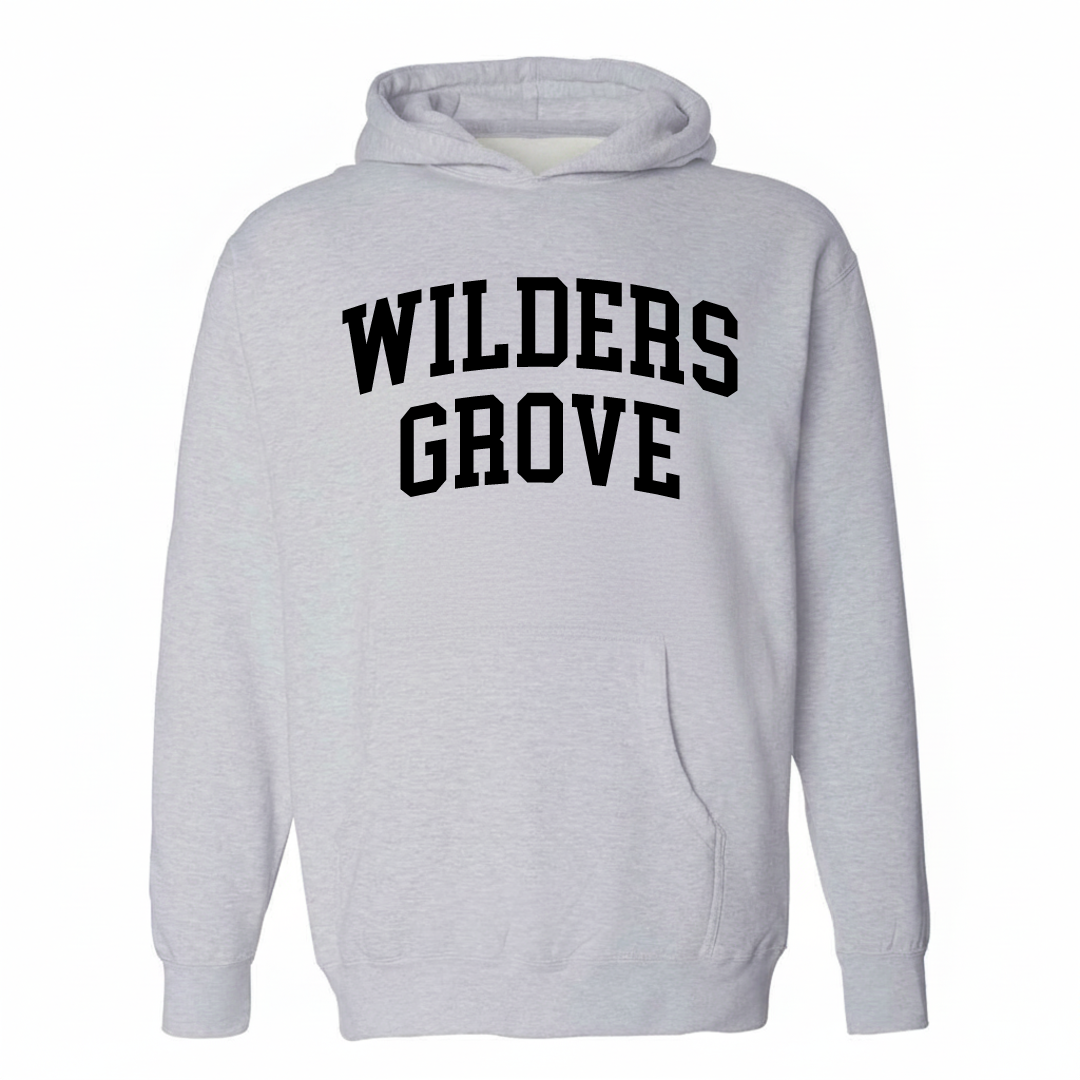 Heather-gray hoodie with the Wilders Grove varsity arched lettering design on the chest.