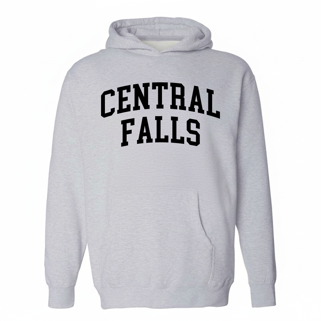 Heather-gray hoodie with the Central Falls arched lettering varsity design on the chest.