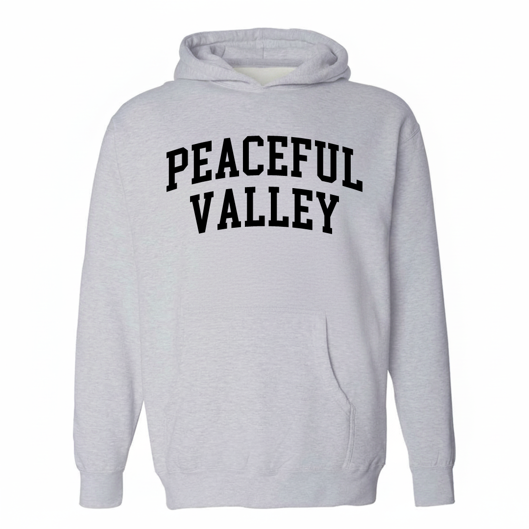 Heather-gray hoodie with the Peaceful Valley varsity arched lettering design on the chest.