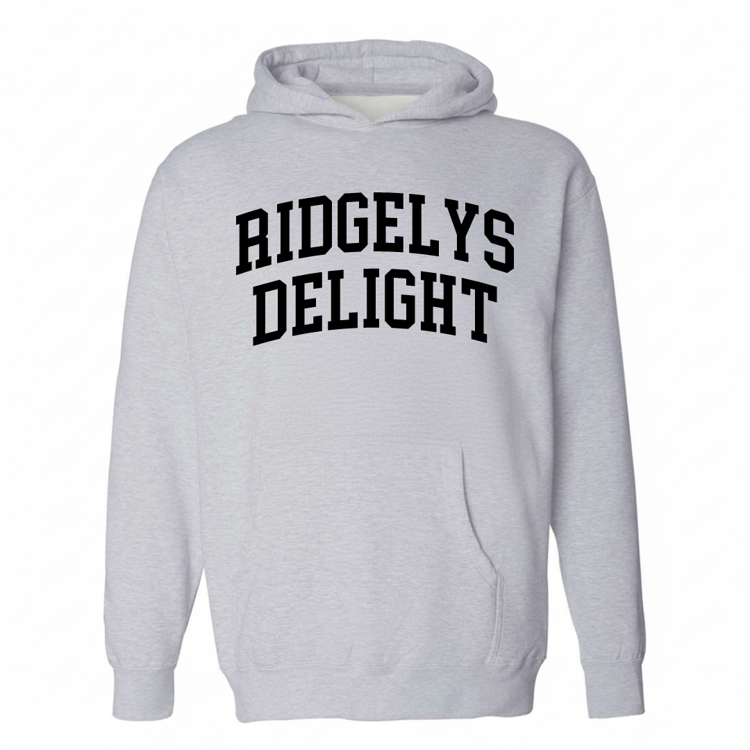 Heather-gray hoodie with the Ridgely's Delight varsity arched lettering design on the chest.