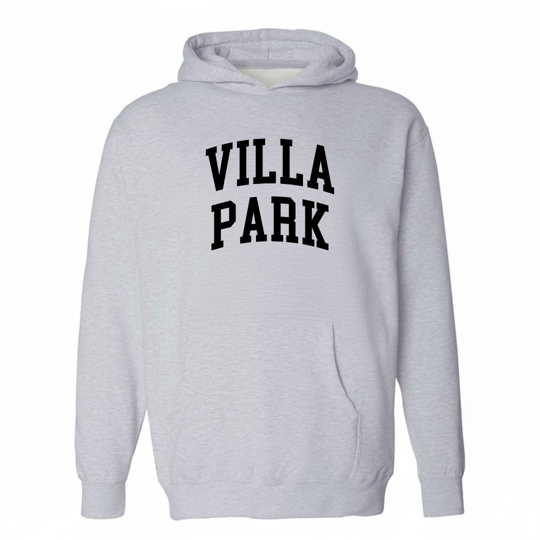 Heather-gray hoodie with the Villa Park arched lettering varsity-collegiate design on the chest.