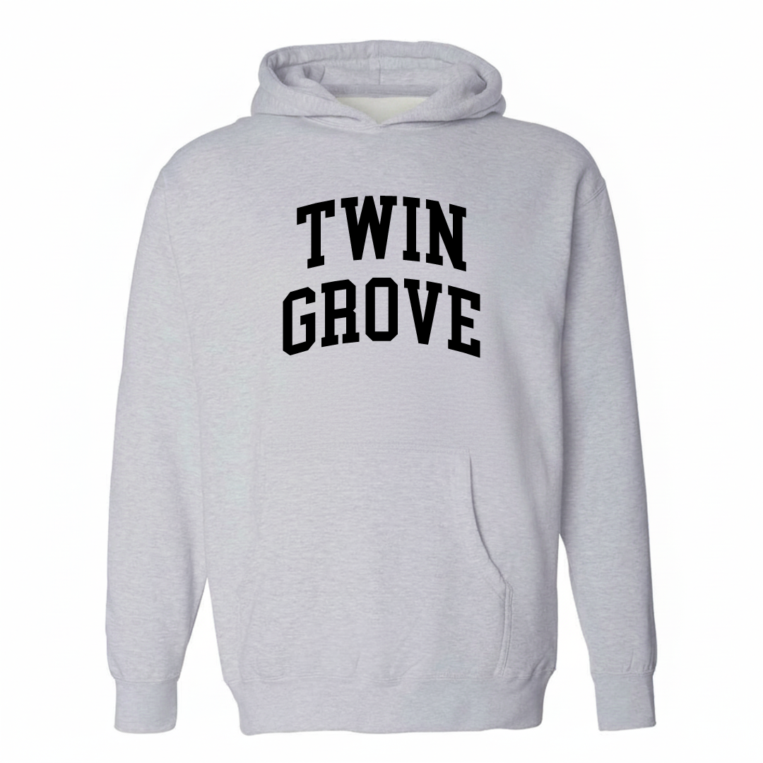 Heather-gray hoodie with the Twin Grove varsity arched lettering design on the chest.