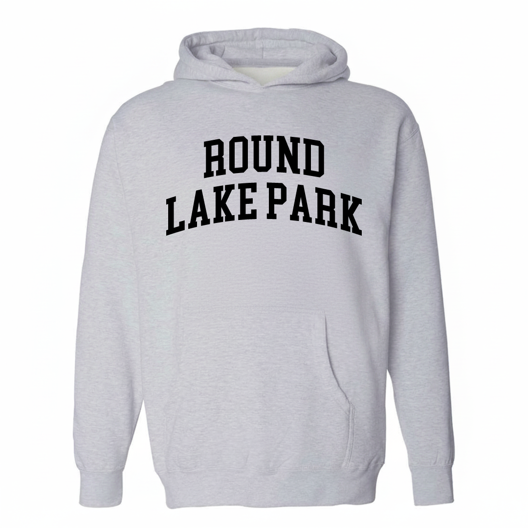 Heather-gray hoodie with the Round Lake Park varsity arched lettering design on the chest.