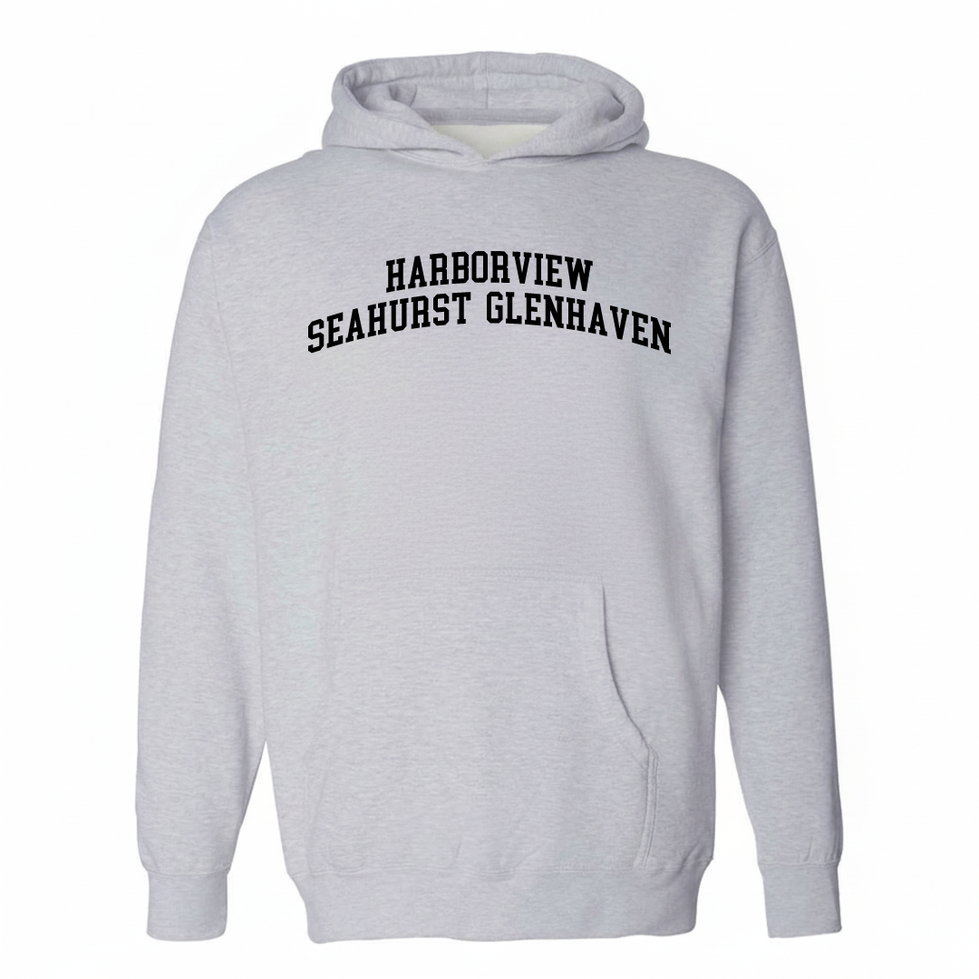 Heather-gray hoodie with the Harborview-Seahurst-Glenhaven varsity arched lettering design on the chest.