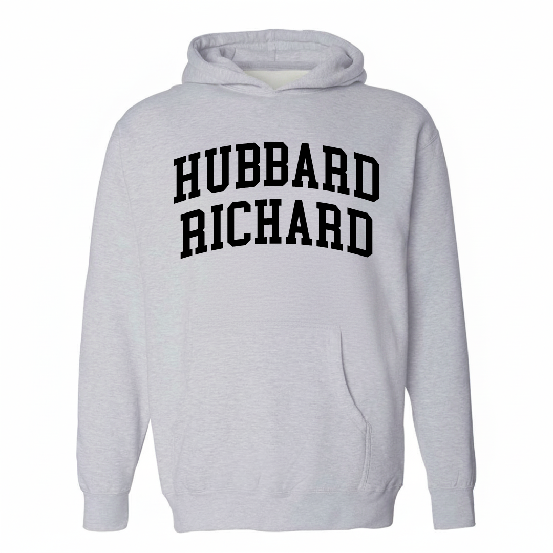 Heather-gray hoodie with the Hubbard Richard varsity arched lettering design on the chest.