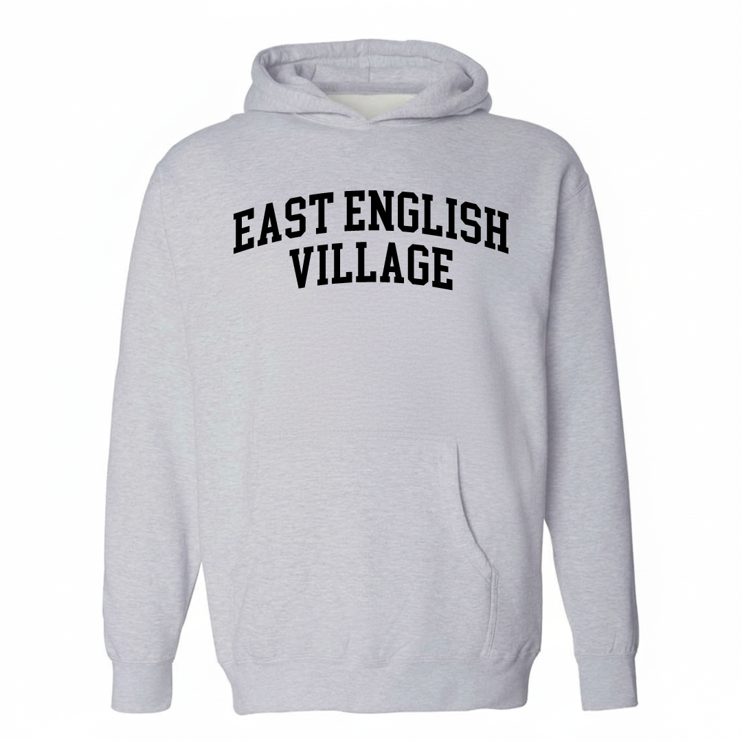Heather-gray hoodie with the East English Village varsity arched lettering design on the chest.