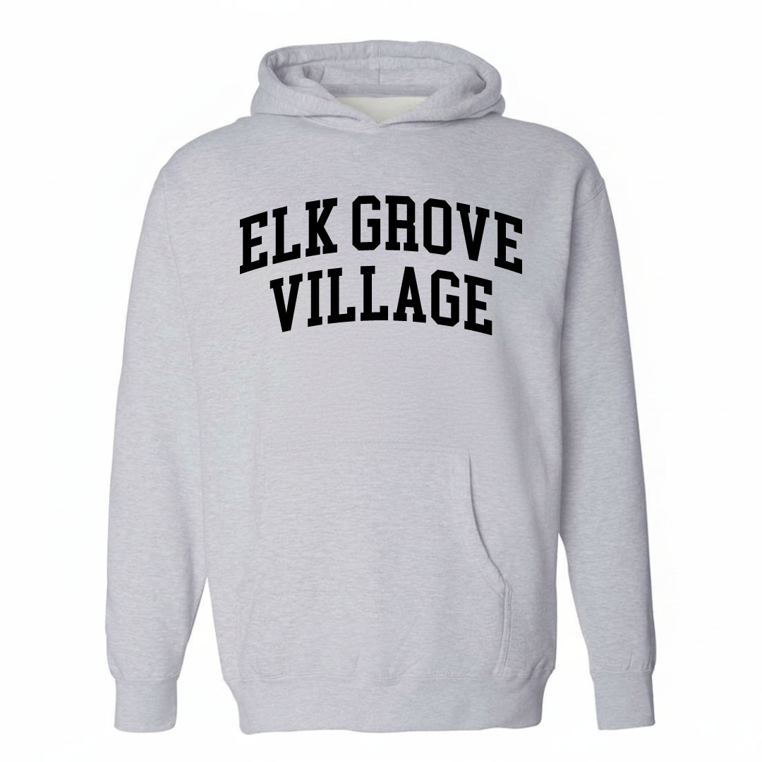Heather-gray hoodie with the Elk Grove Village varsity arched lettering design on the chest.