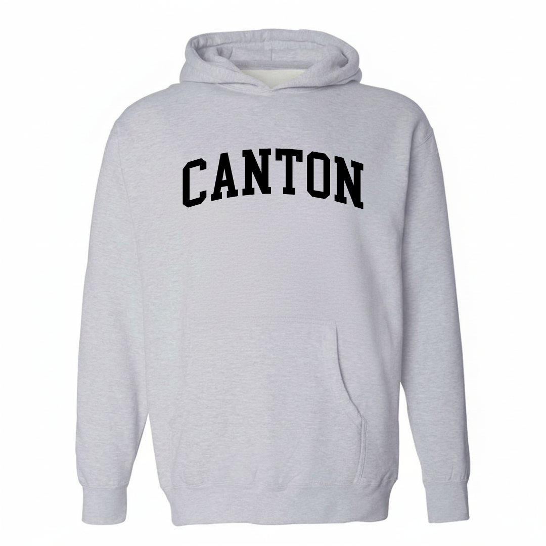 Heather-gray hoodie with the Canton arched lettering varsity-collegiate design on the chest.