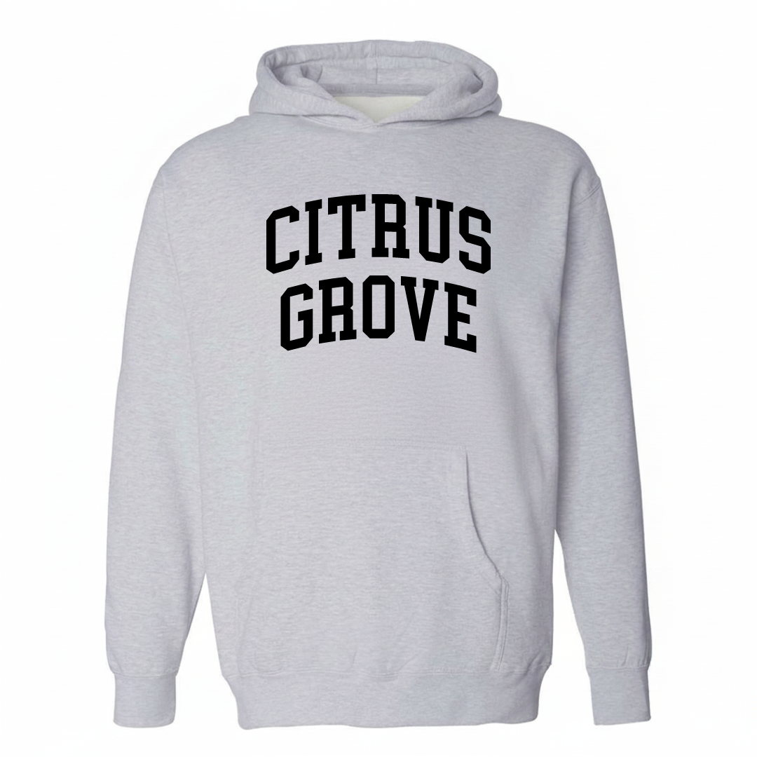 Heather-gray hoodie with the Citrus Grove varsity arched lettering design on the chest.