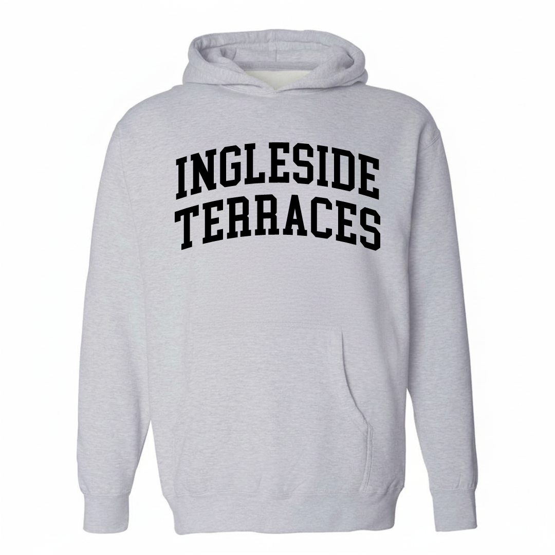 Heather-gray hoodie with the Ingleside Terraces varsity arched lettering design on the chest.