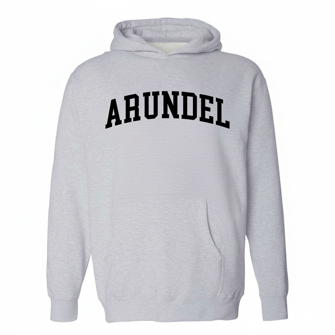 Heather-gray hoodie with the Arundel arched varsity lettering design on the chest.
