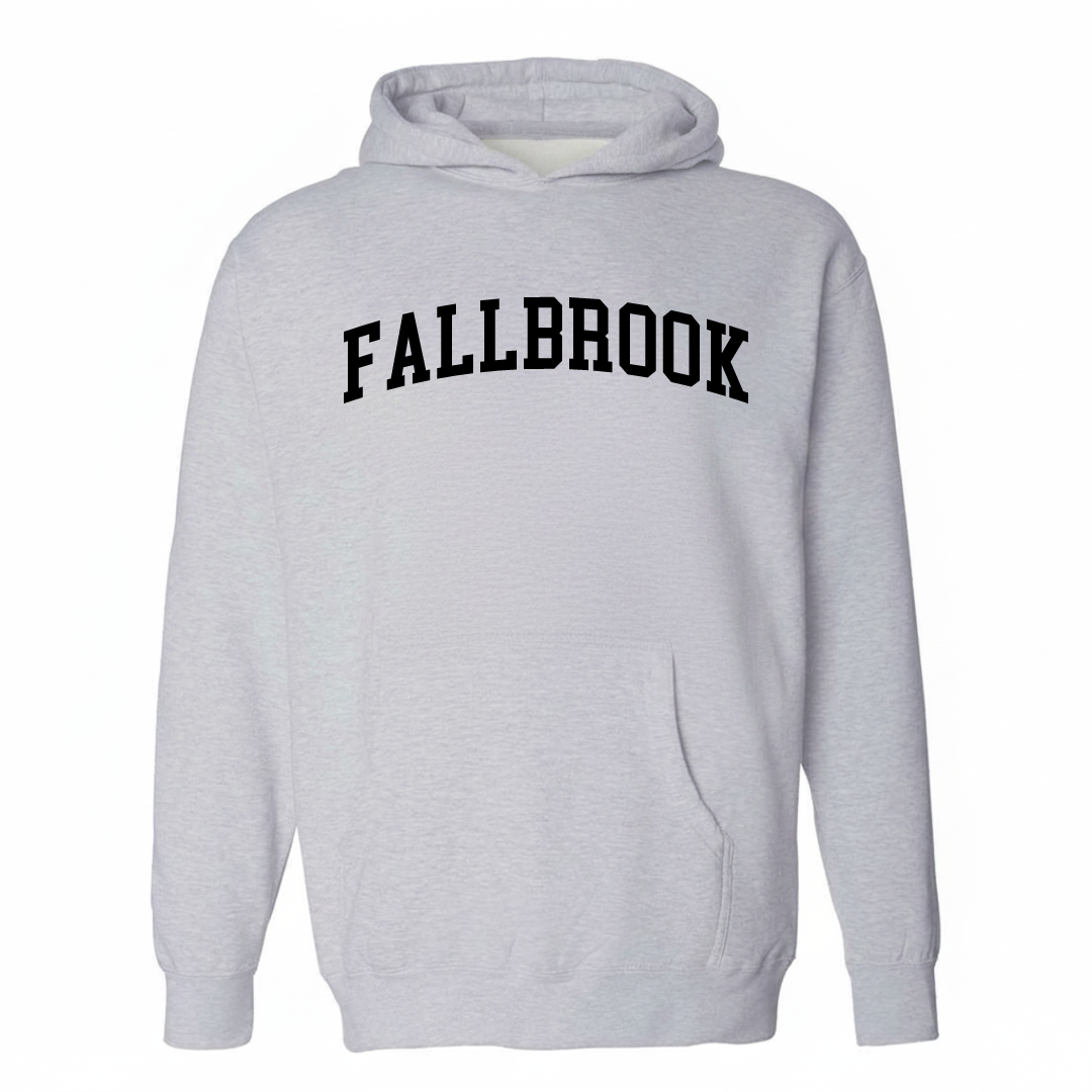 Heather-gray hoodie with the Fallbrook arched lettering varsity-collegiate design on the chest.