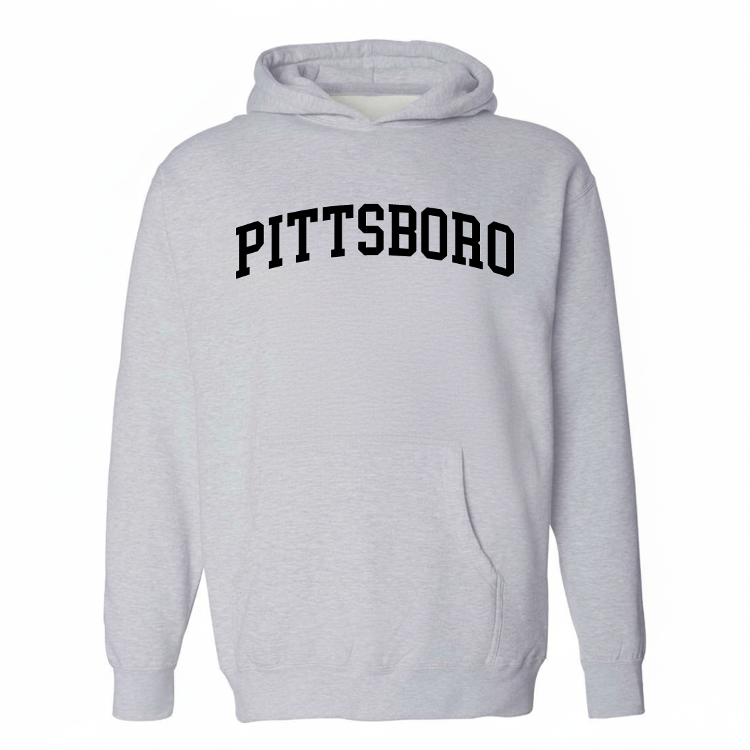 Heather-gray hoodie with the Pittsboro varsity arched lettering design on the chest.