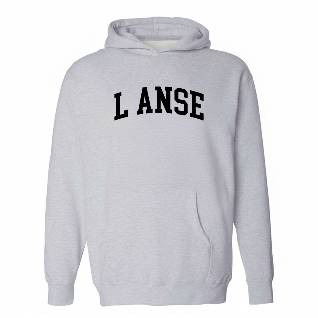 Heather-gray hoodie with the L'Anse arched varsity lettering design on the chest.