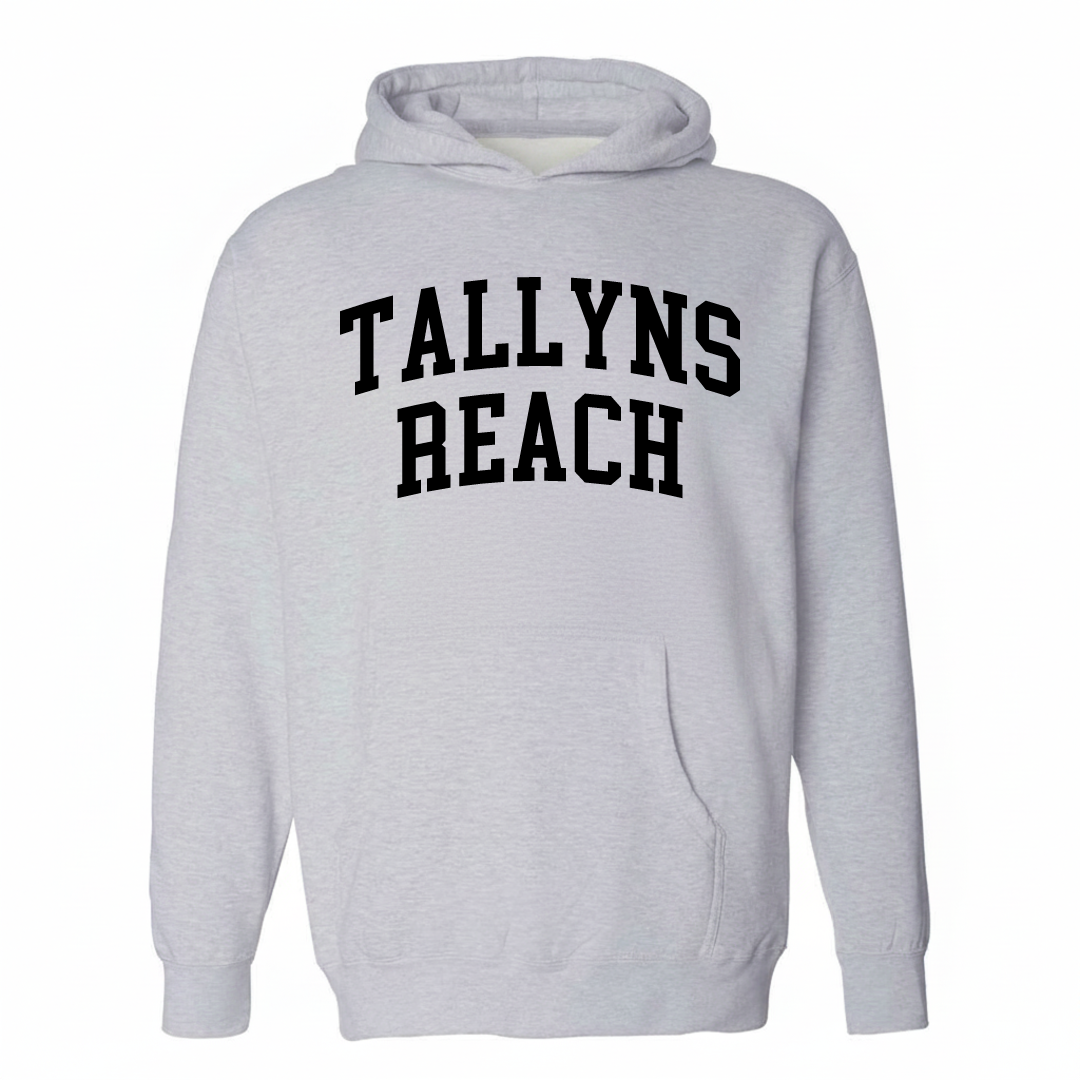 Heather-gray hoodie with the Tallyns Reach varsity arched lettering design on the chest.