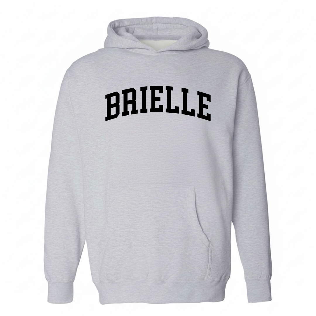 Heather-gray hoodie with the Brielle varsity arched lettering design on the chest.