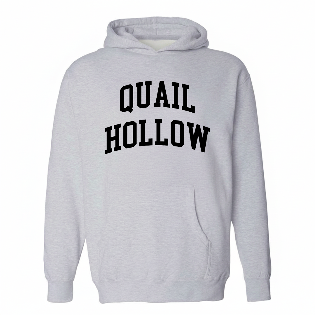 Heather-gray hoodie with the Quail Hollow varsity arched lettering design on the chest.
