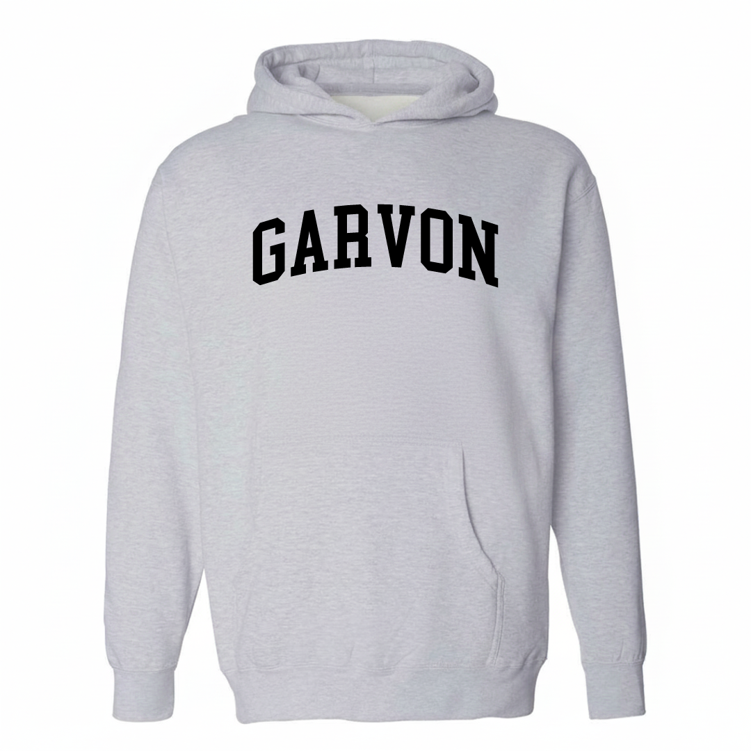 Heather-gray hoodie with the Garvon varsity arched lettering design on the chest.