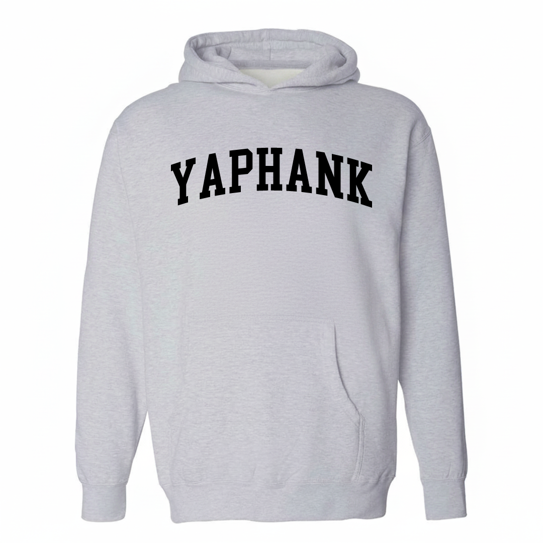 Heather-gray hoodie with the Yaphank varsity arched lettering design on the chest.