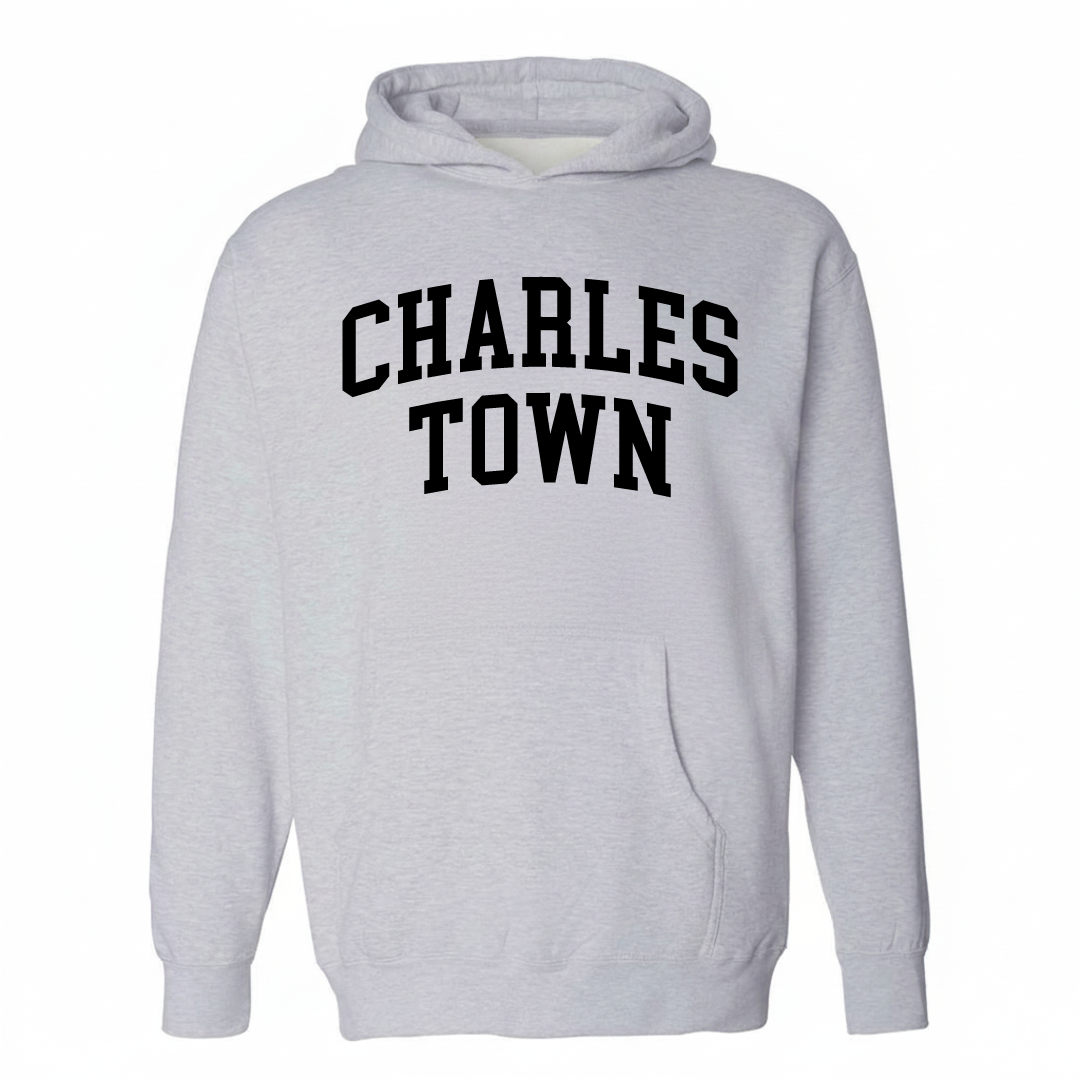 Heather-gray hoodie with the Charles Town varsity arched lettering design on the chest.