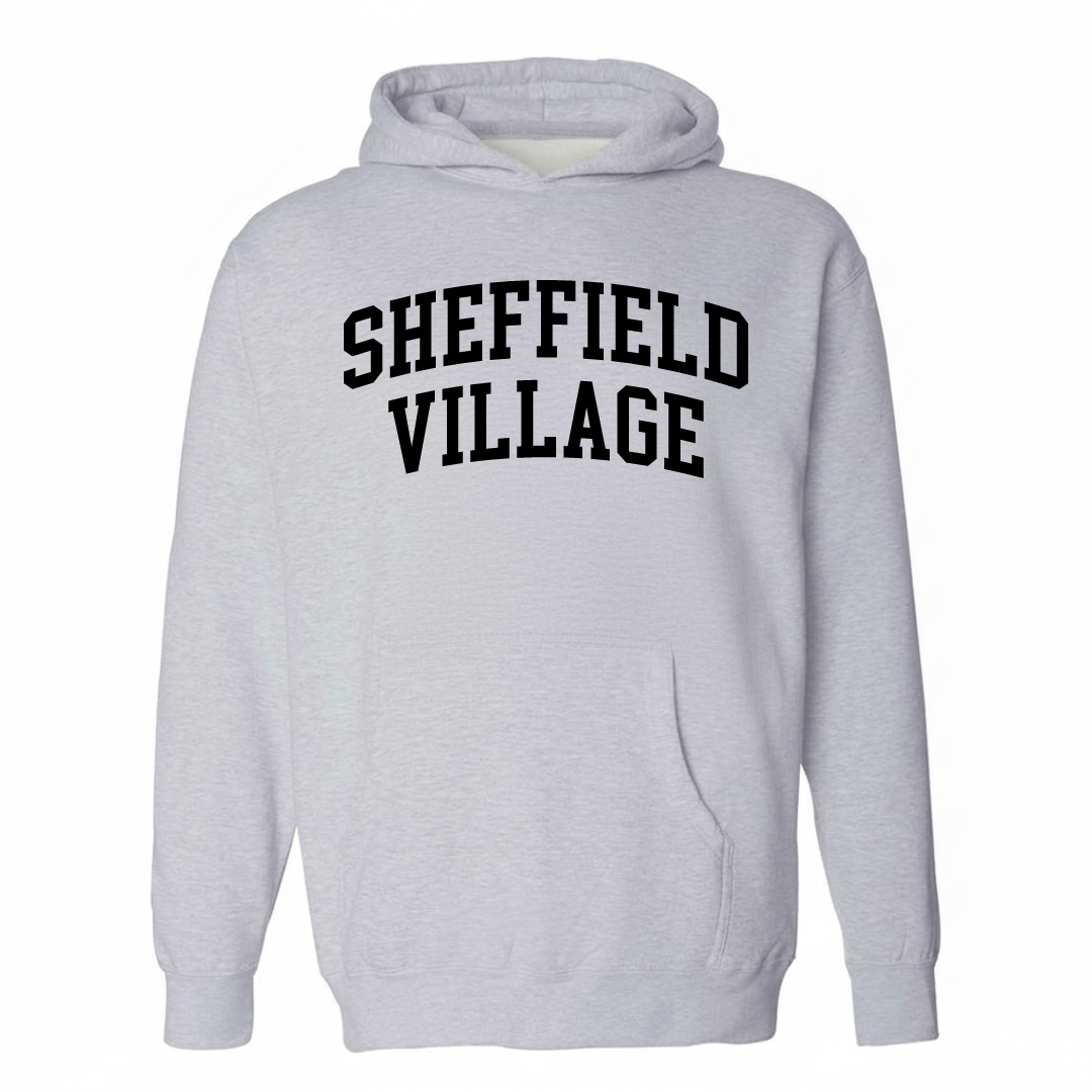 Heather-gray hoodie with the Sheffield Village varsity arched lettering design on the chest.