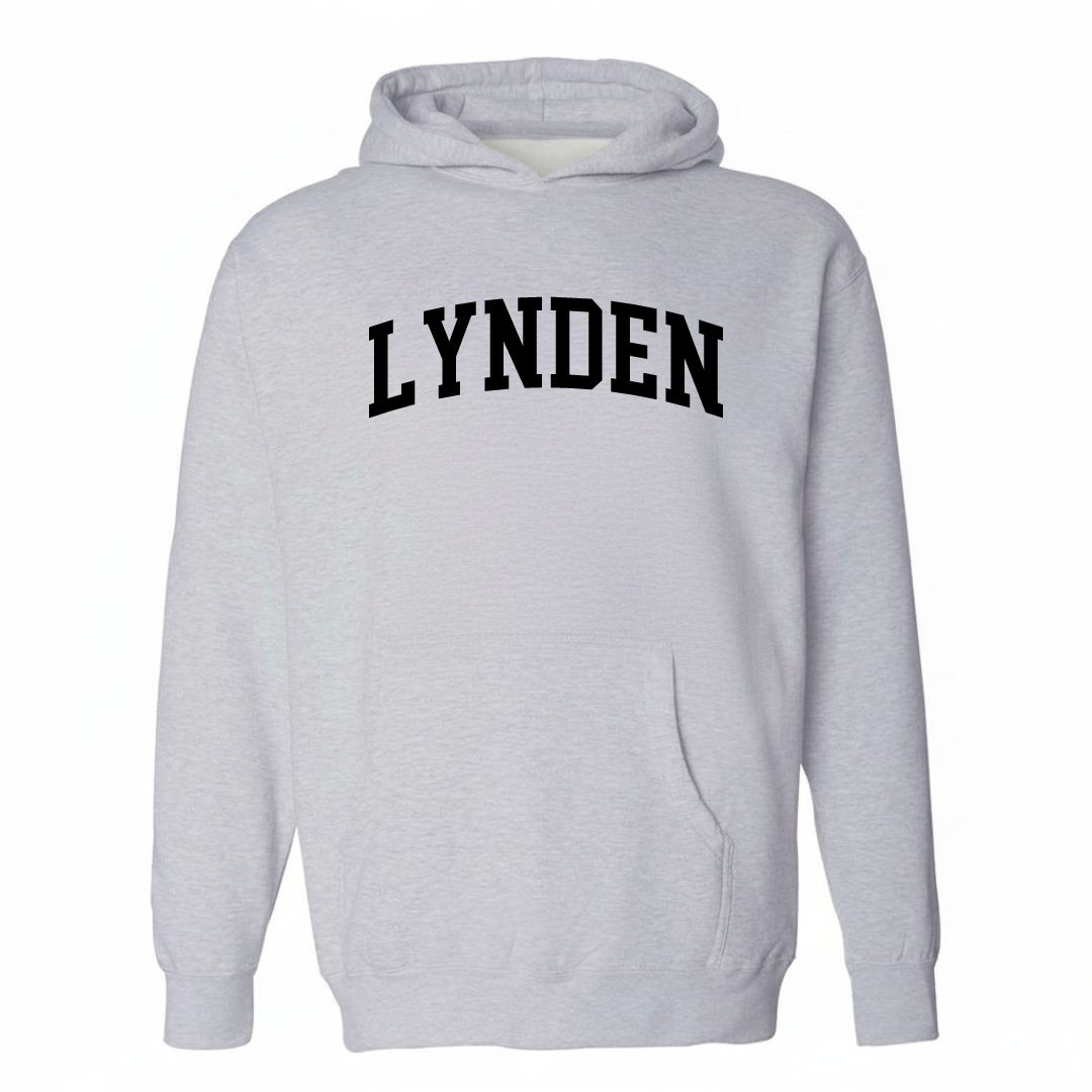 Heather-gray hoodie with the Lynden arched lettering varsity-collegiate design on the chest.
