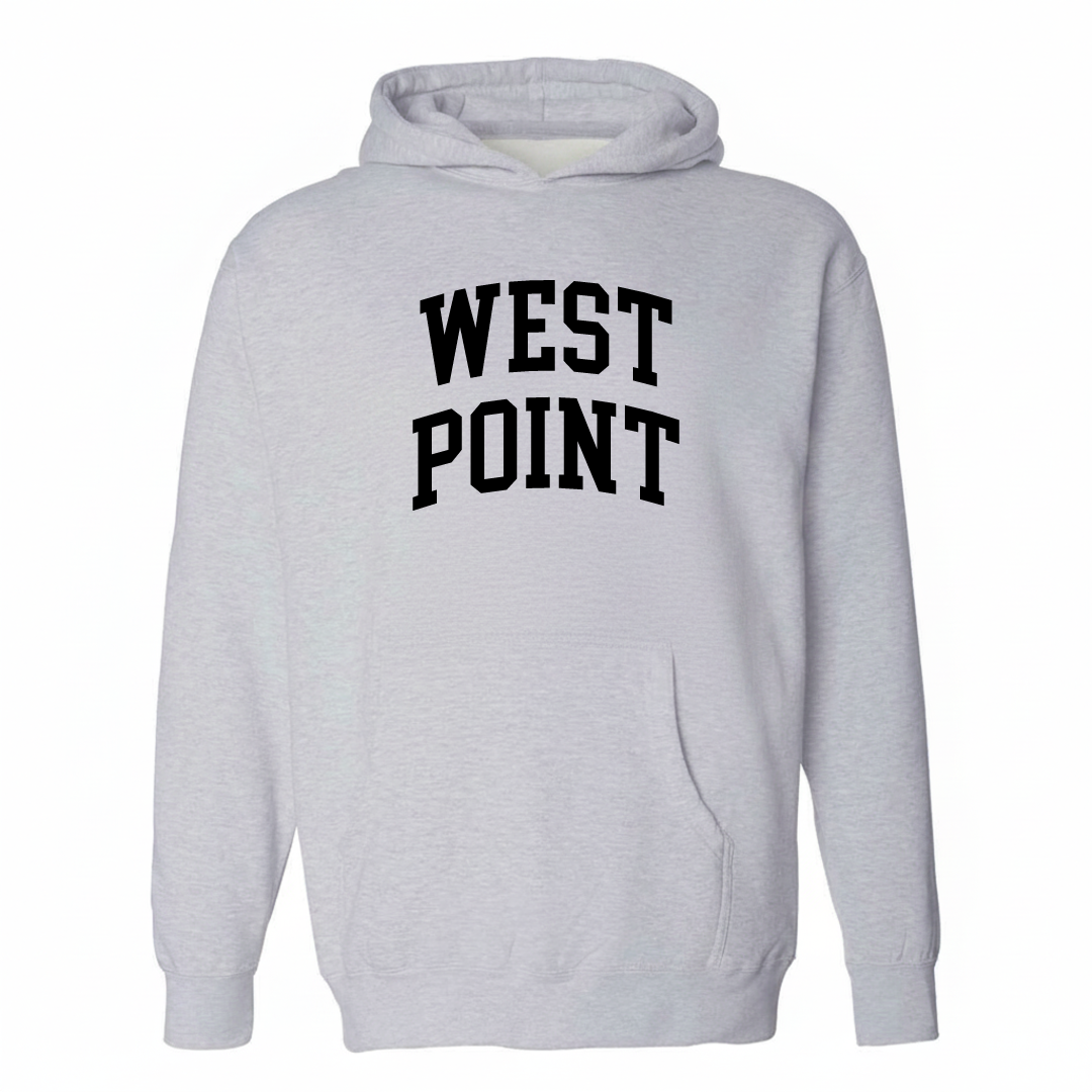 Heather-gray hoodie with the West Point arched lettering varsity-collegiate design on the chest.