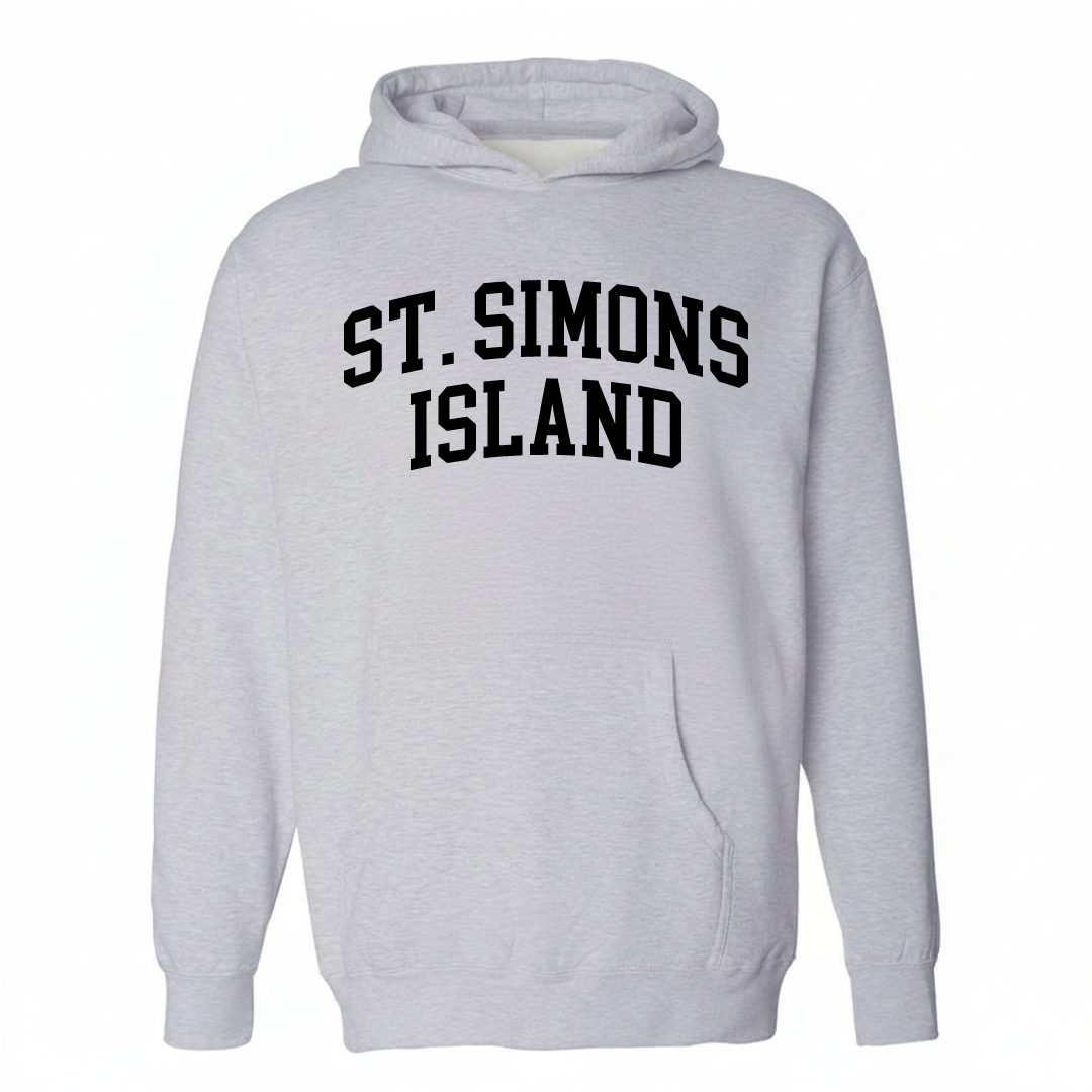 Heather-gray hoodie with the St. Simons Island varsity arched lettering design on the chest.