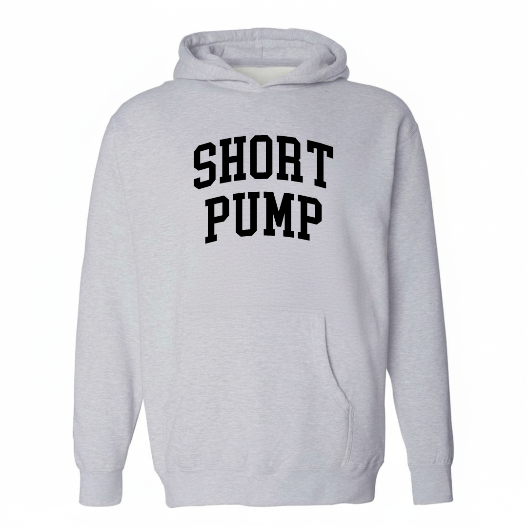 Heather-gray hoodie with the Short Pump varsity arched lettering design on the chest.