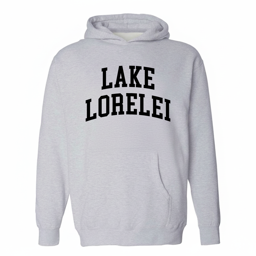 Heather-gray hoodie with the Lake Lorelei varsity arched lettering design on the chest.
