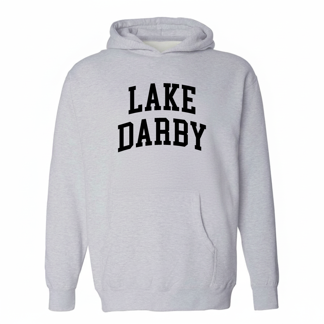 Heather-gray hoodie with the Lake Darby varsity arched lettering design on the chest.