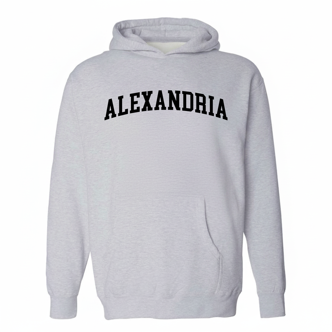 Heather-gray hoodie with the Alexandria arched varsity lettering design on the chest.