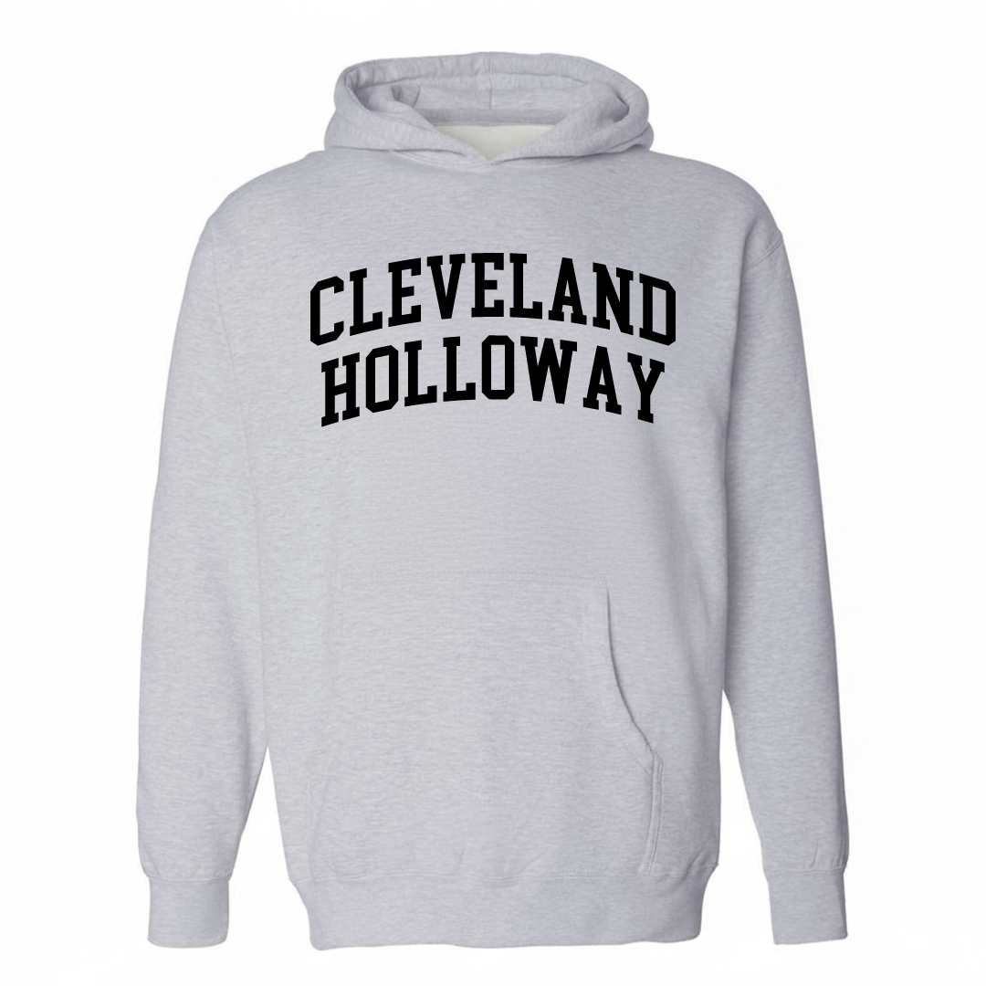 Heather-gray hoodie with the Cleveland-Holloway varsity arched lettering design on the chest.