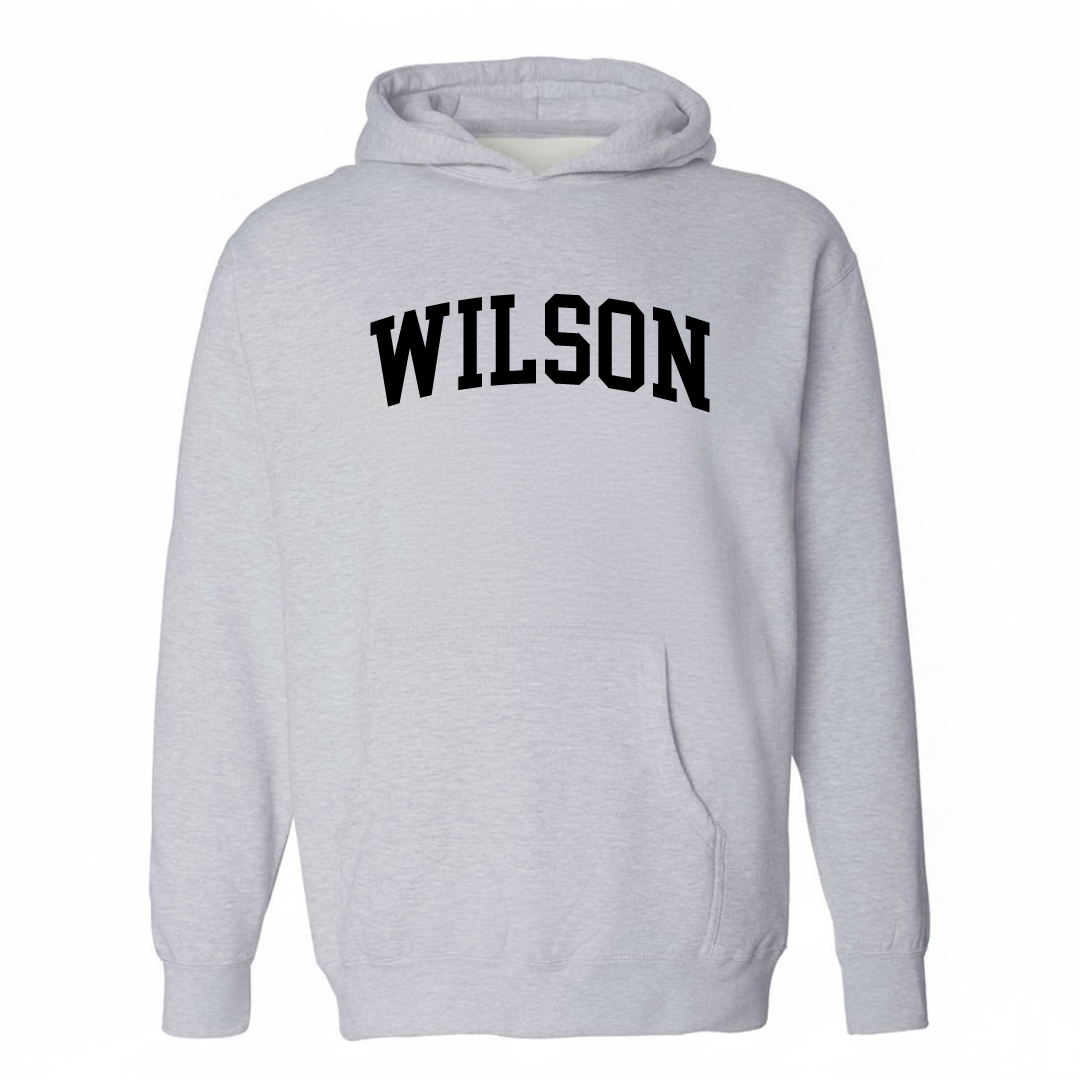 Heather-gray hoodie with the Wilson Borough varsity arched lettering design on the chest.