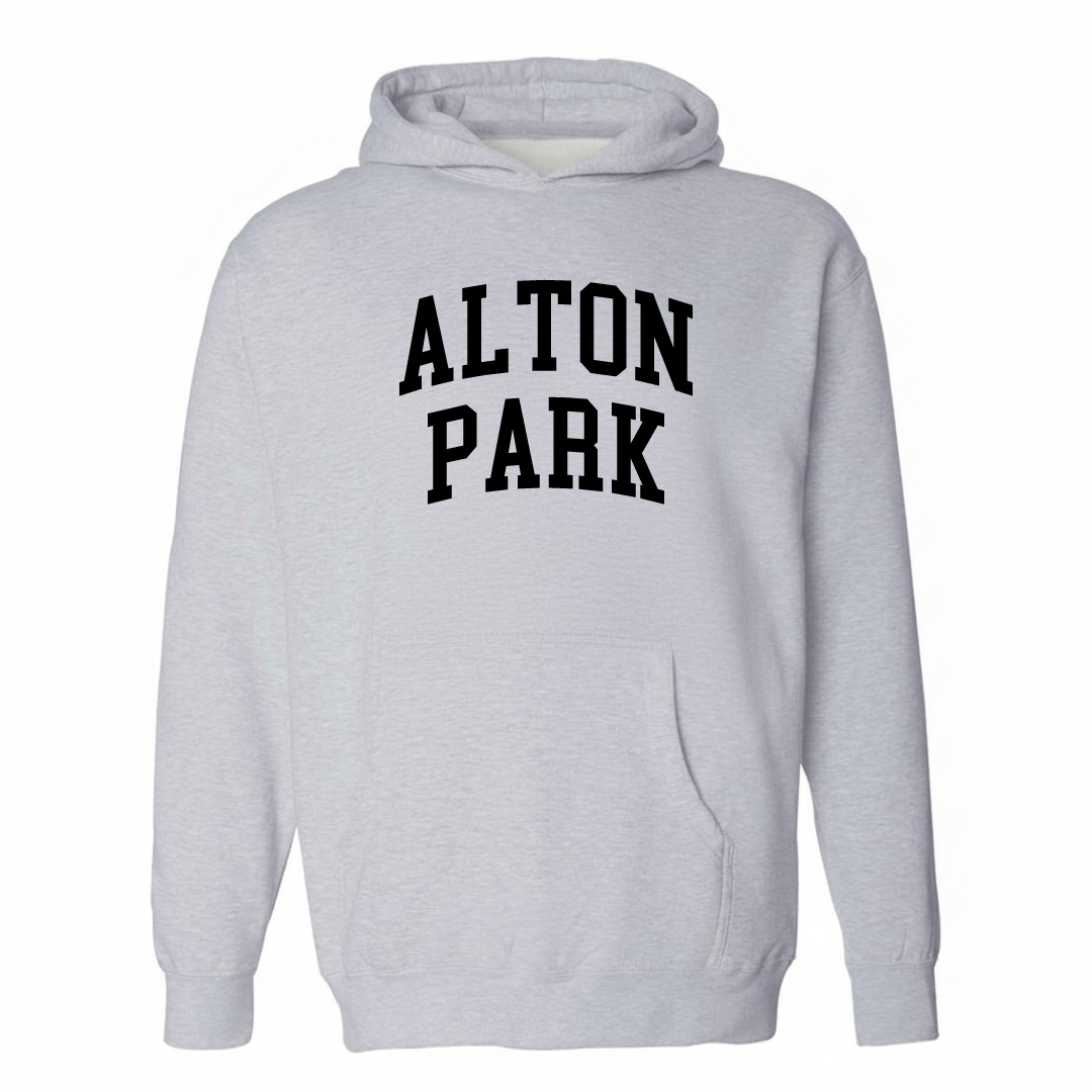 Heather-gray hoodie with the Alton Park varsity arched lettering design on the chest.