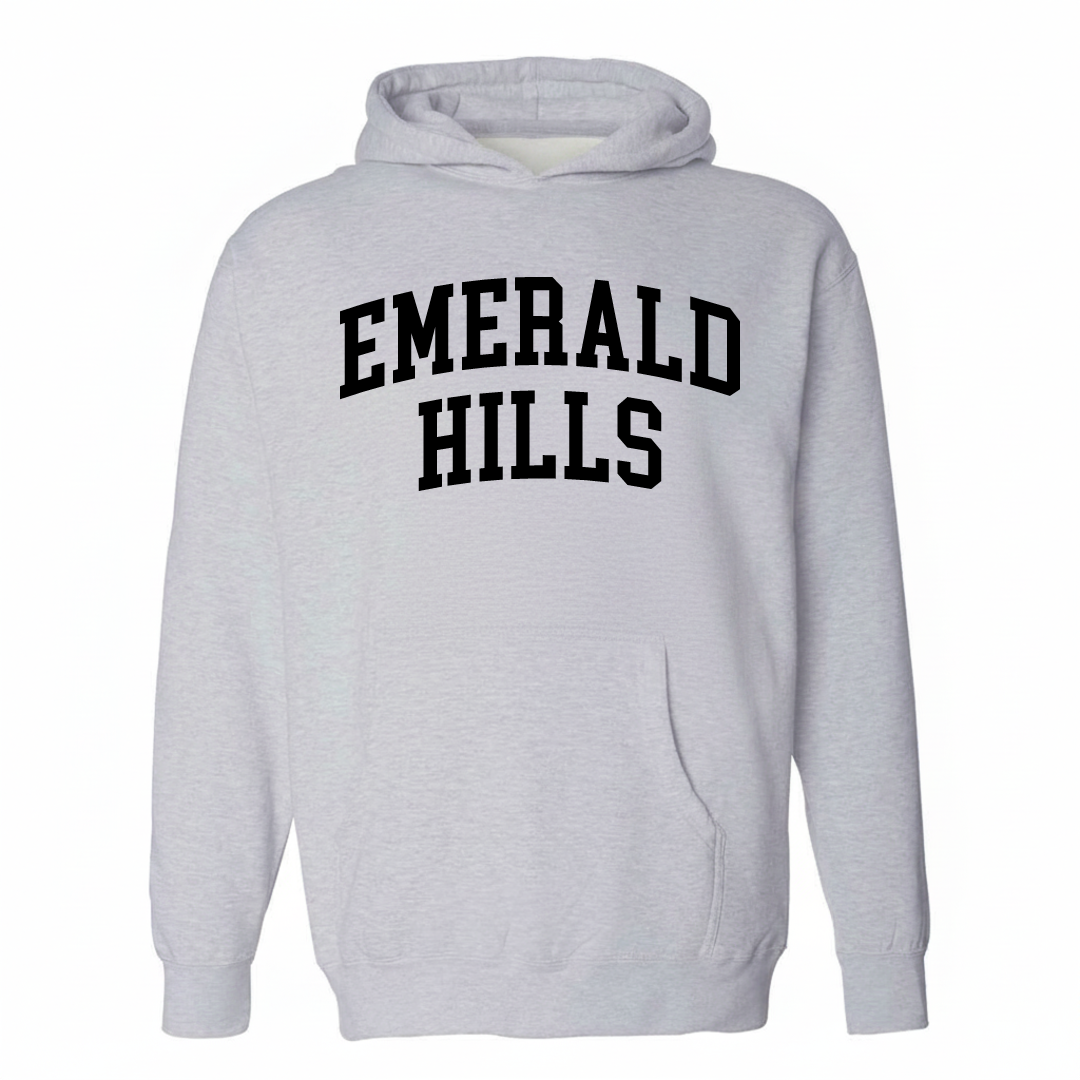 Heather-gray hoodie with the Emerald Hills varsity arched lettering design on the chest.