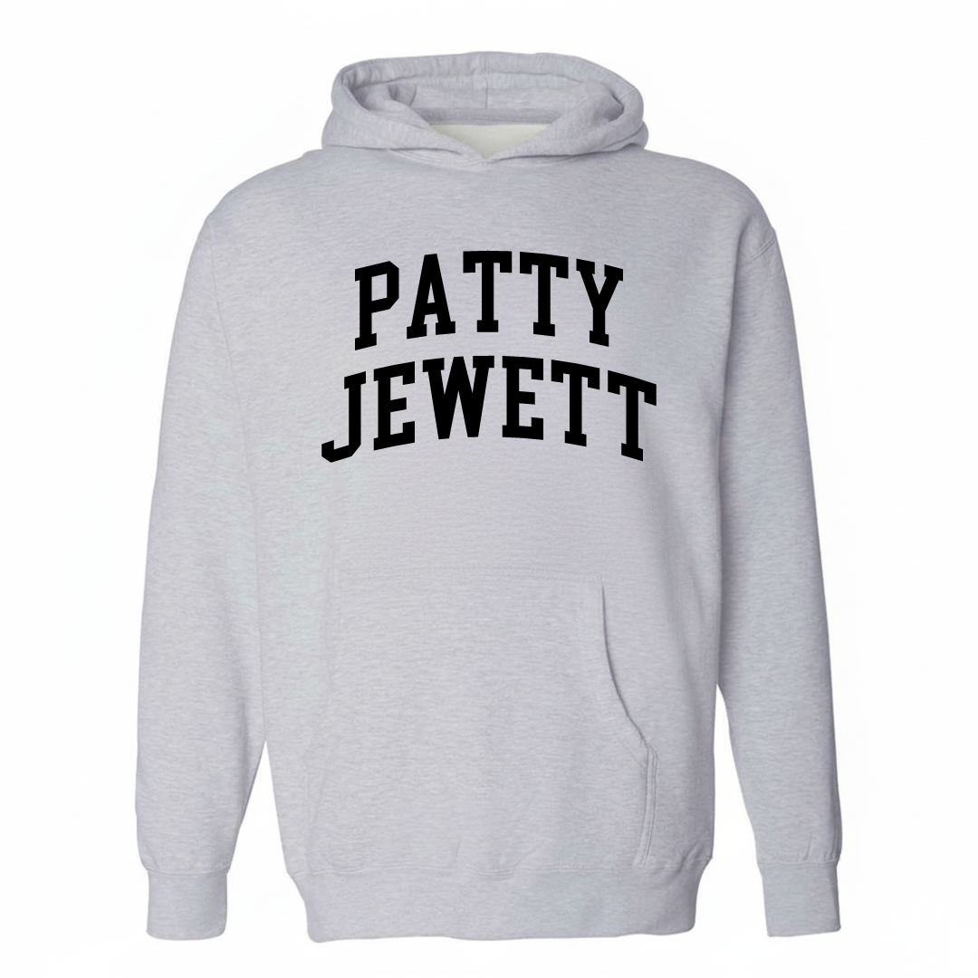 Heather-gray hoodie with the Patty Jewett arched lettering varsity-collegiate design on the chest.
