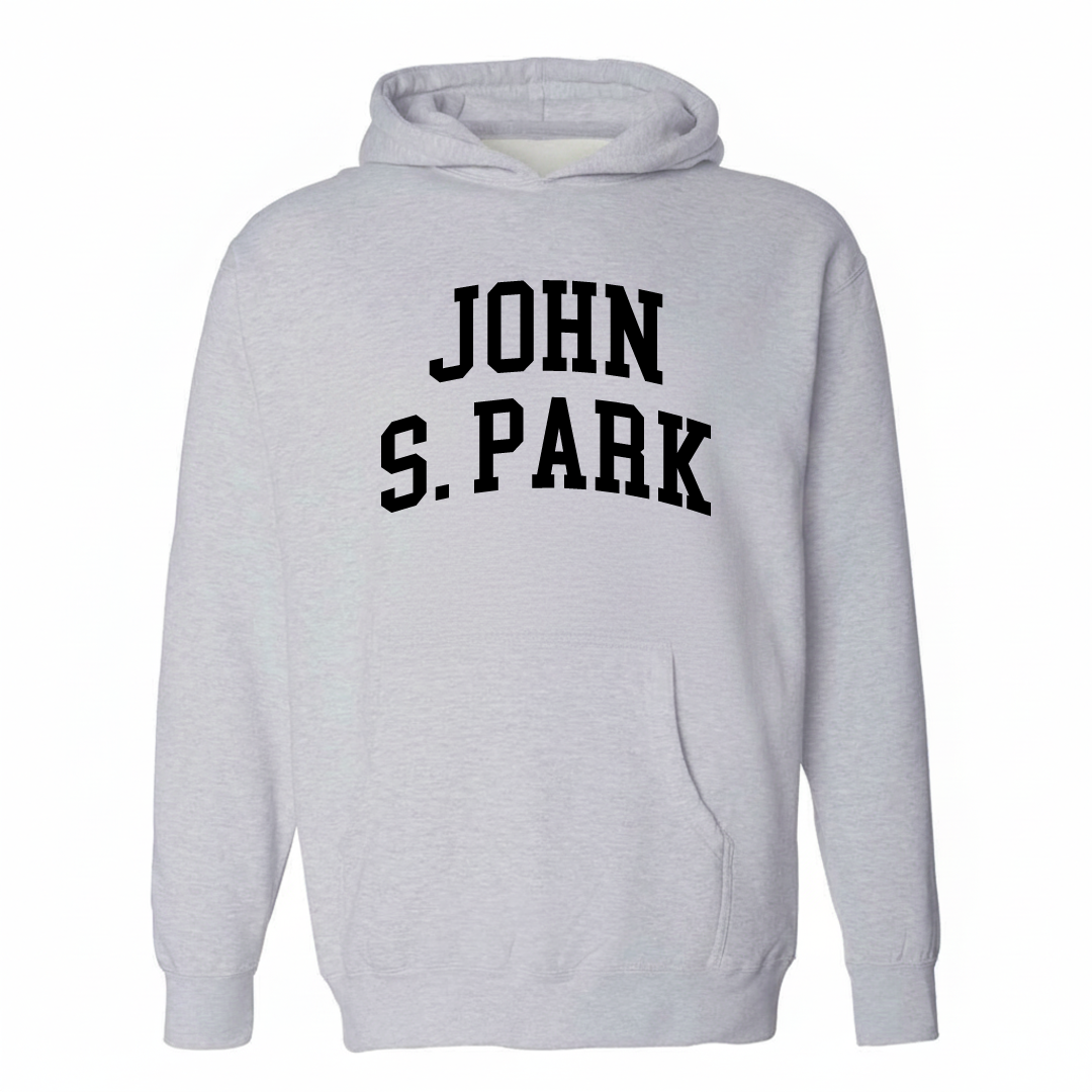 Heather-gray hoodie with the John S. Park varsity arched lettering design on the chest.