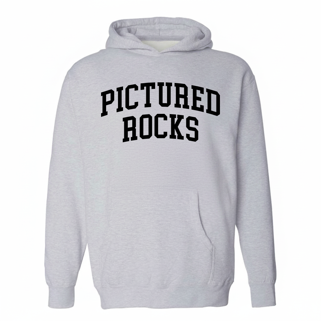 Heather-gray hoodie with the Pictured Rocks varsity arched lettering design on the chest.